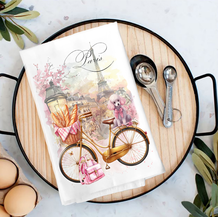 French Paris Bicycle Dog Baguettes Tea Towel