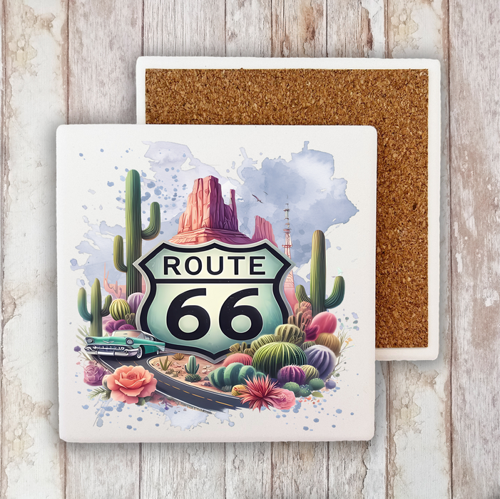 Route 66 Desert Cactus Stone Coaster