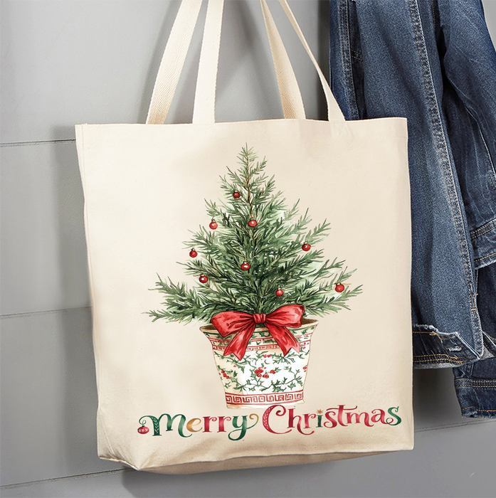 Christmas Watercolor Toile Tree Canvas Tote Bag