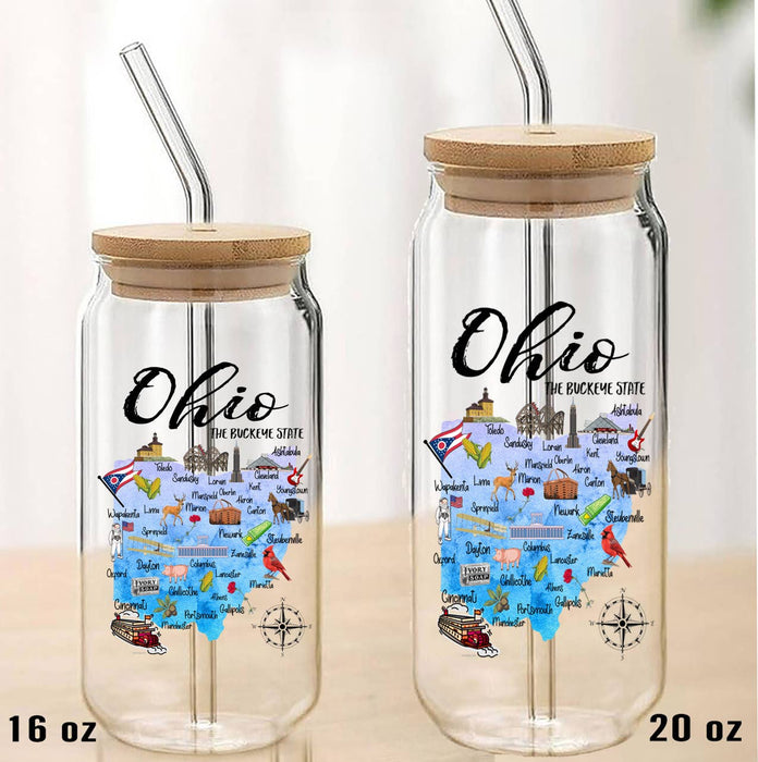 Ohio State Map Can Glass with Lid and Straw
