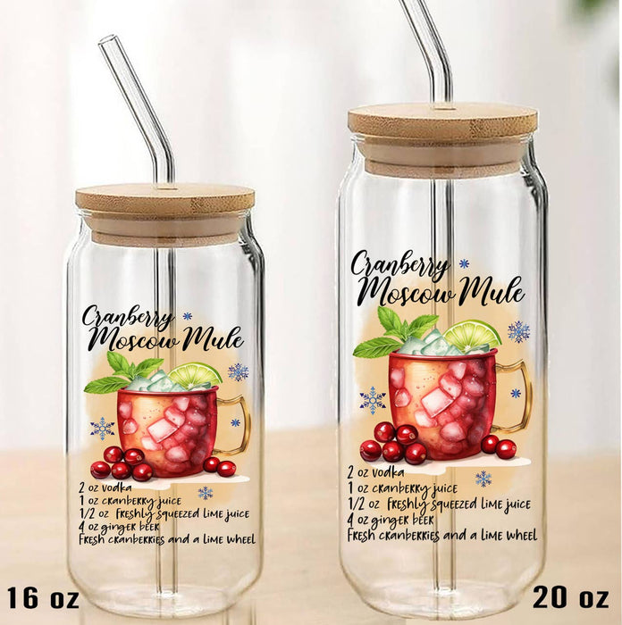 Christmas Cranberry Moscow Mule Can Glass with Lid Straw