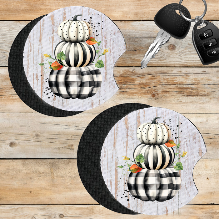 Car Coaster Fall Black and White Checkered Pumpkins
