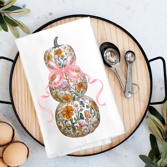 Fall Chinoiserie Floral Pumpkins Tea Towel