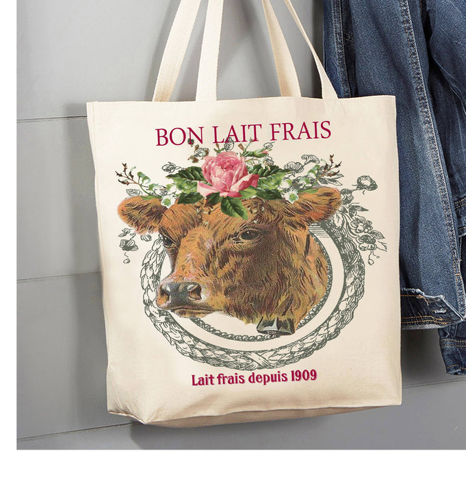 Country Vintage French Farm Cow Canvas Tote Bag
