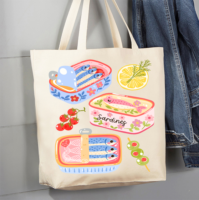 Cute Sardines in Tin fish Coastal Canvas Tote Bag