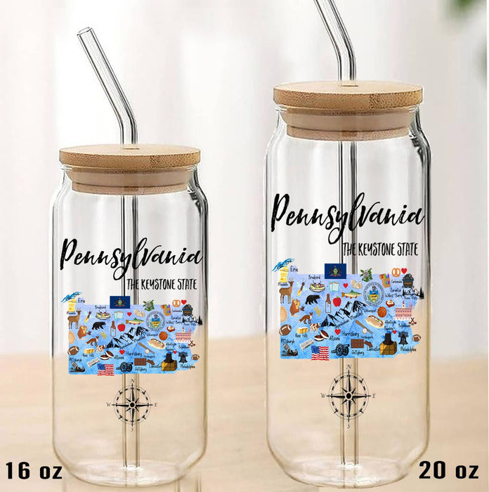 Pennsylvania State Map Can Glass with Lid and Straw