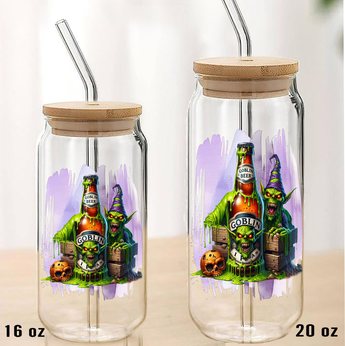 Halloween Goblin Beer Can Glass with Lid Straw