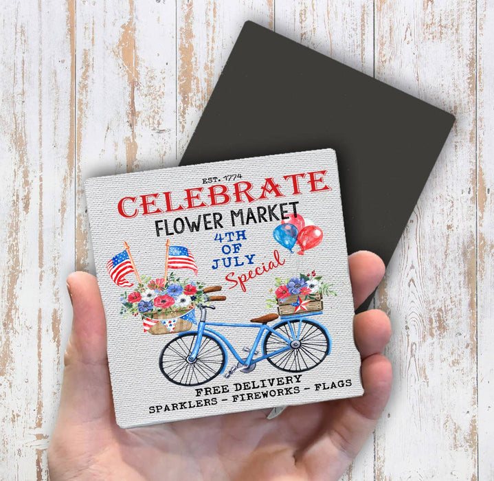 4th of July Flower Market Bicycle Magnet Fridge