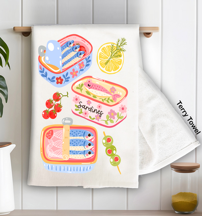 Cute Sardines in Tin fish Coastal Kitchen Terry Towel