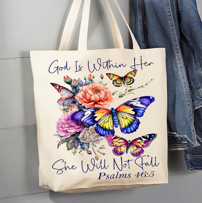 She Will Not Fall Butterfly Spiritual Canvas Tote Bag