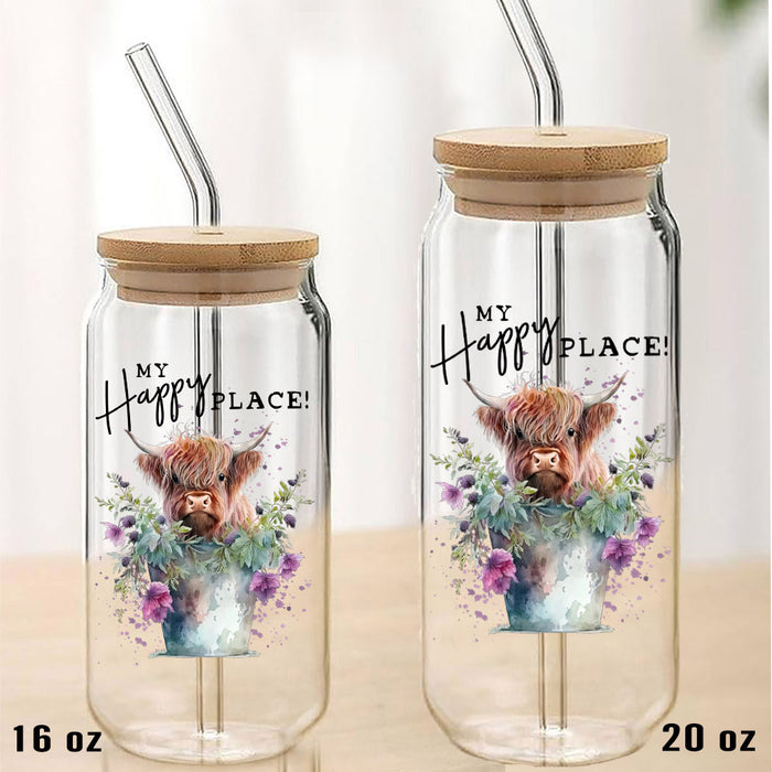 Highland Cow My Happy Place Can Glass with Lid Straw