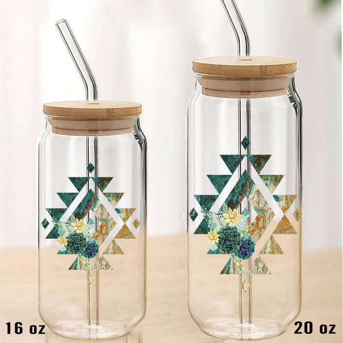 Western Blue Aztec Cactus Southwestern Can Glass with Lid Straw