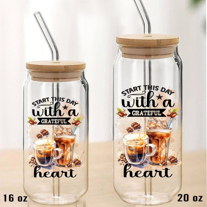 Start this Day Grateful Coffee Spiritual Can Glass with Lid Straw