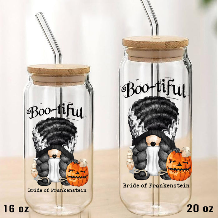Gnome Bootiful Bride Frankenstein Halloween Can Glass with Lid Straw
