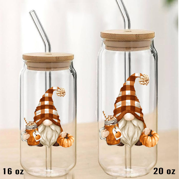 Fall Autumn Gnome Pumpkin Spice Can Glass with Lid Straw