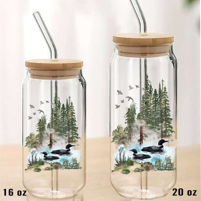 2 Loons Lake in Forest Can Glass with Lid Straw
