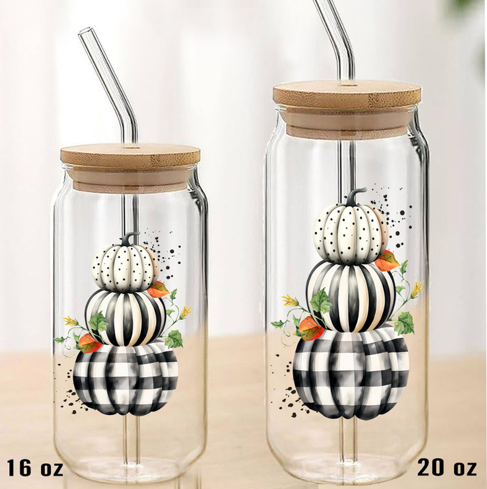 Fall Black and White Checkered Pumpkins Can Glass with Lid Straw