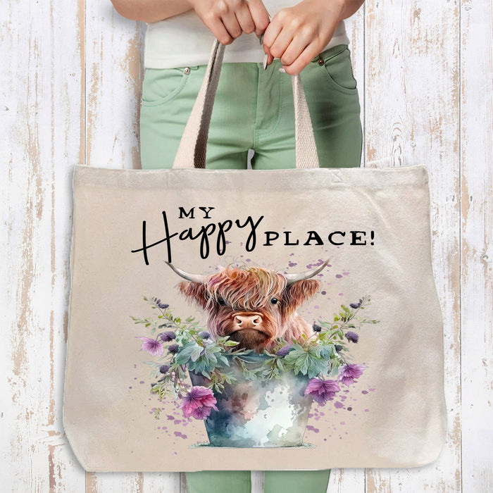 Highland Cow My Happy Place Canvas Tote Bag-Large