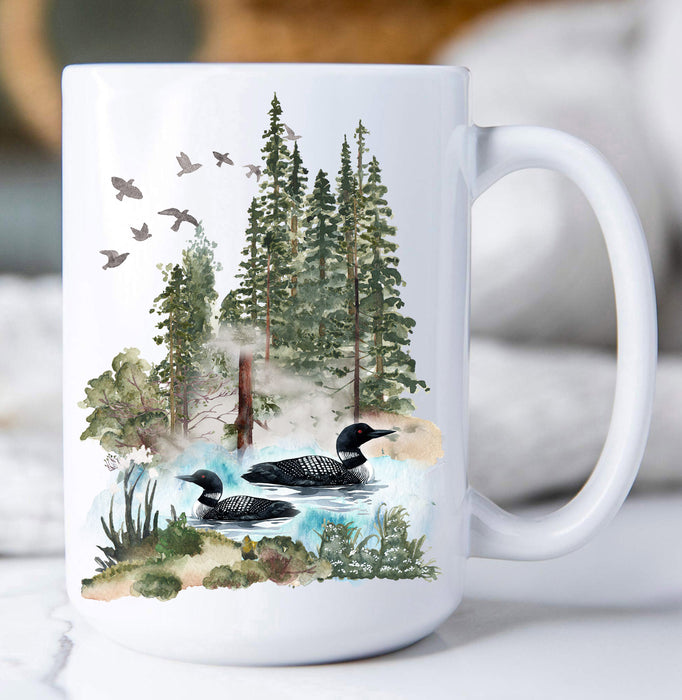 2 Loons Lake in Forest Coffee Mug
