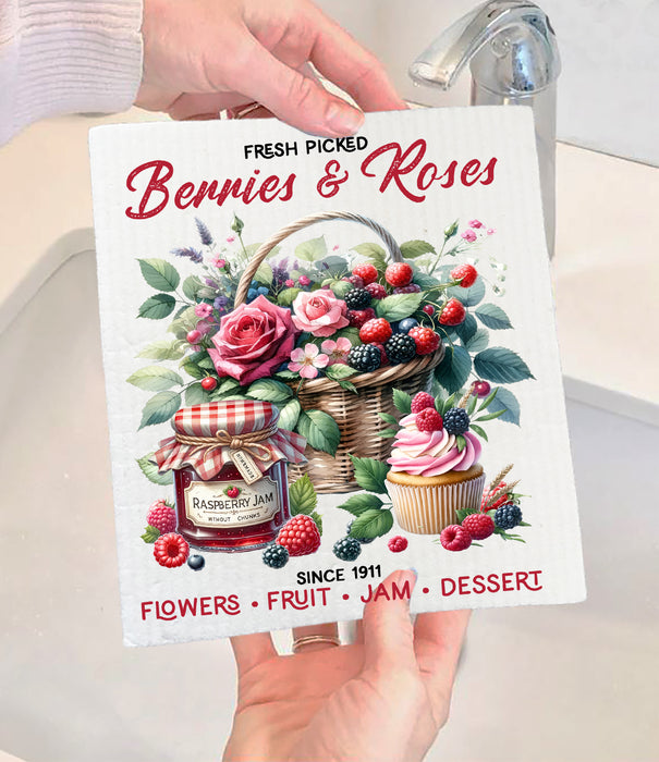 Berries and Roses Farmhouse Swedish Dishcloth