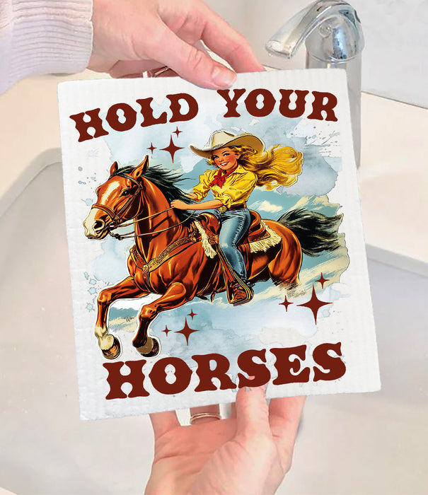 Vintage Cowgirls Hold Your Horses Swedish Dishcloth