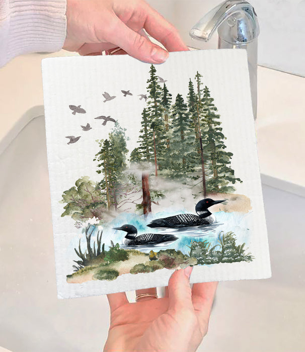 2 Loons on Lake Forest Swedish Dishcloth