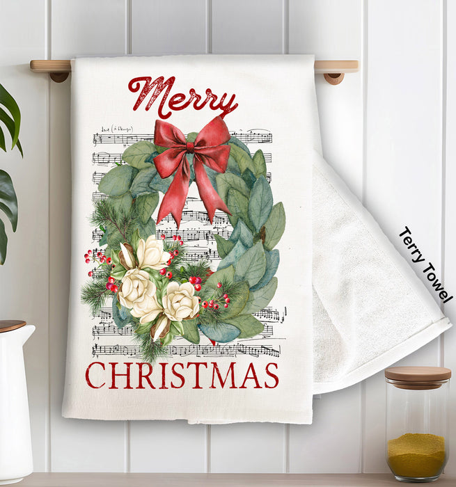 Merry Christmas Magnolia Flowers Wreath Cotton Terry Towel