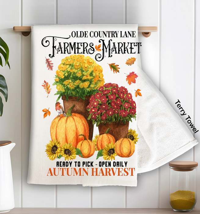 Fall Autumn Farmers Market Pumpkin & Mums Kitchen Terry Towel