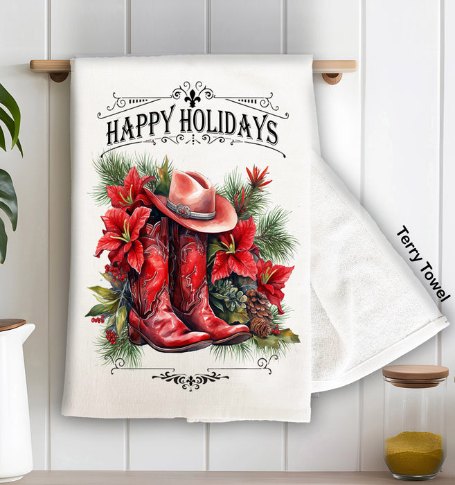 Christmas Red Cowboy Boots Western Terry Cloth Towel