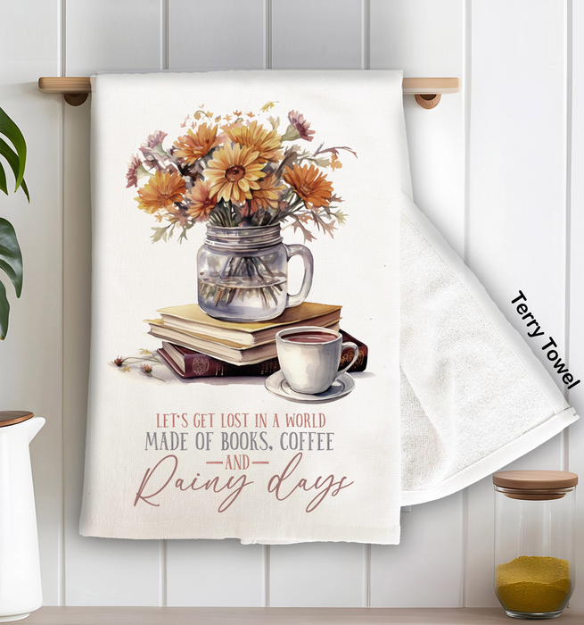 Autumn Fall Books & Coffee Rainy Day Terry Towel