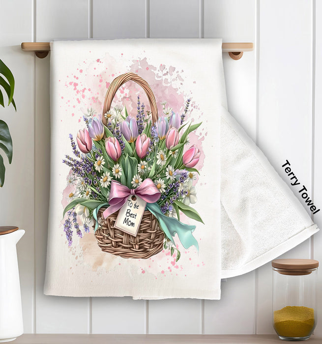 Mother's Day Basket Tulips Flowers Kitchen Terry Towel