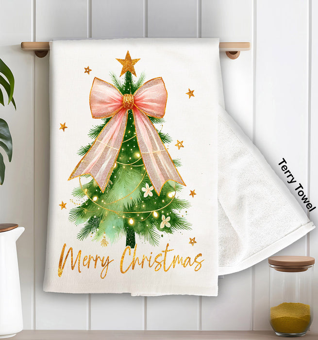 Merry Christmas tree Bow Gold Kitchen Terry Towel
