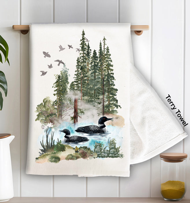 2 Loons on Lake Forest Kitchen Terry Towel