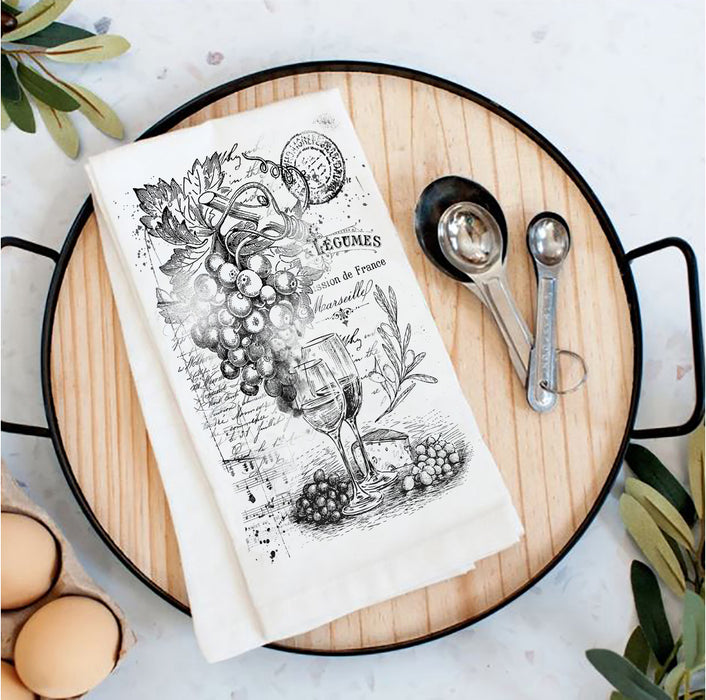 Vintage Shabby Wine and Grapes Tea Towel