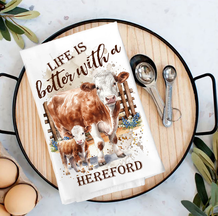 Life is better with a Hereford Cow Tea Towel