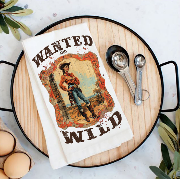 Vintage Cowgirls Wanted and Wild Tea Towel
