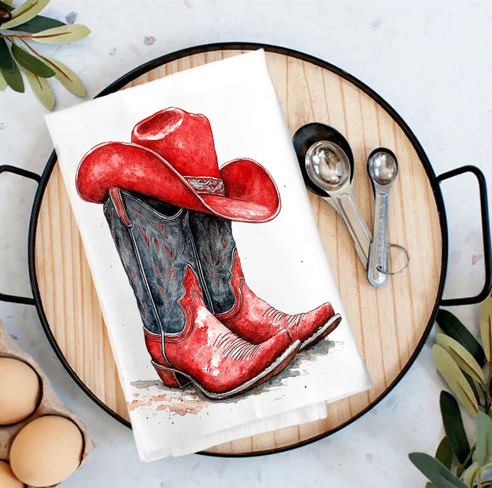 Red and Black Cowboy Boots and Hat Tea Towel