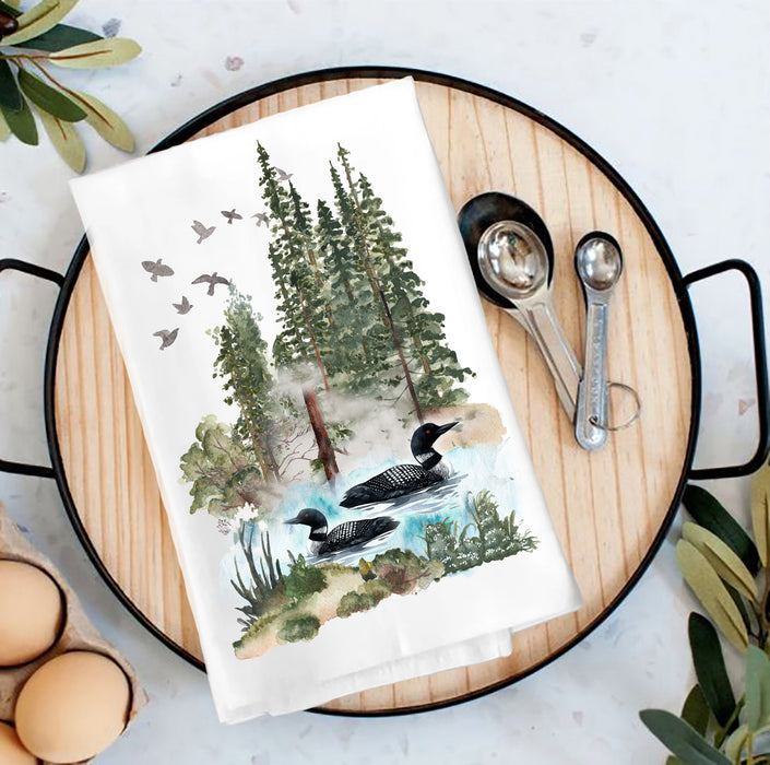 2 Loons on Lake Forest Tea Towel