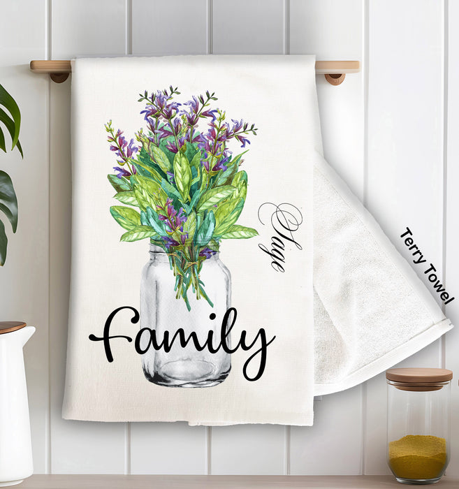 Family Flowers Mason Jar Sage Cotton Terry Towels