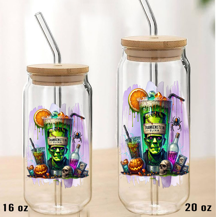 Halloween Frankenstein Elixir Can Glass with Lid Straw