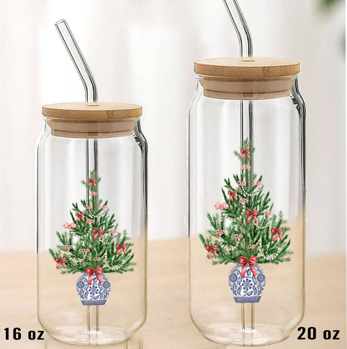Chinoiserie Christmas Tree Can Glass with Lid Straw