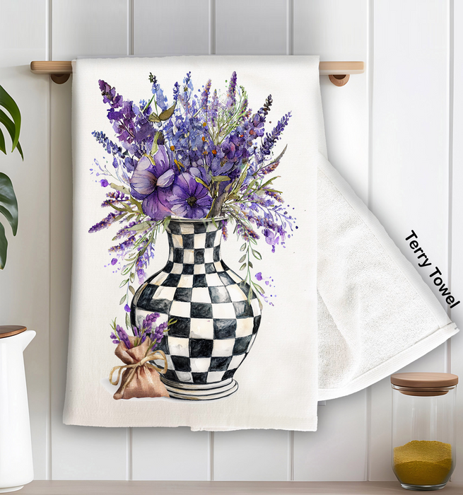 Checkered Vase with Lavender Kitchen Terry Towel