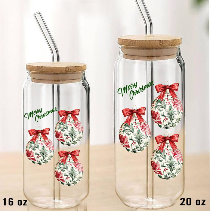 Christmas Water Toile Ornaments Can Glass with Lid Straw