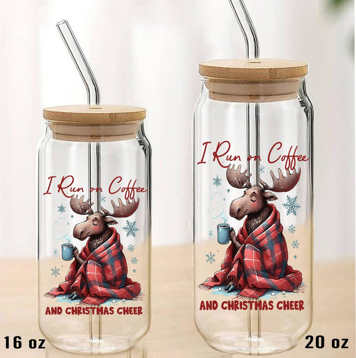 Christmas Moose Run on Coffee Can Glass with Lid Straw