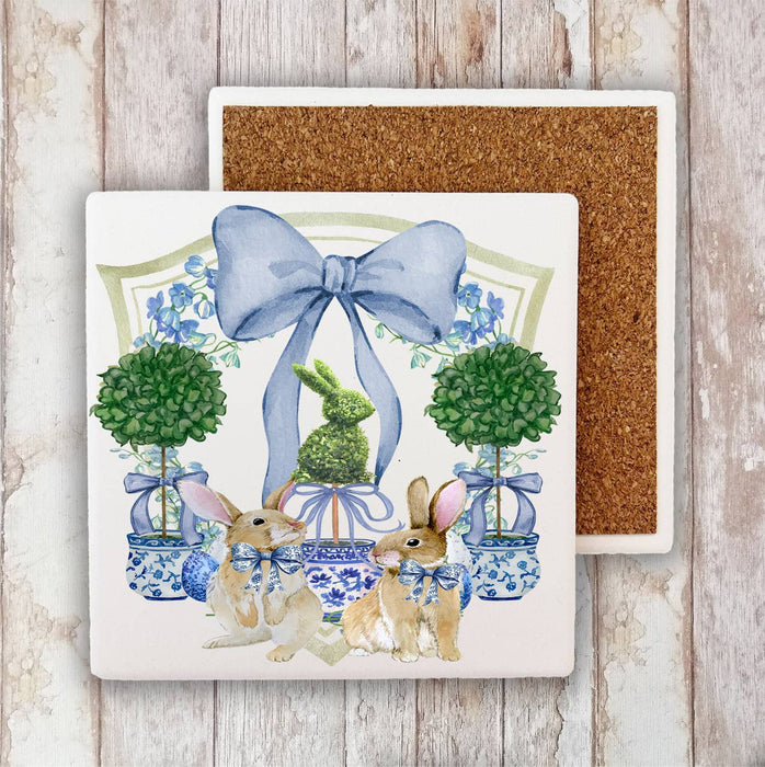 Easter Bunny Topiary Preppy Stone Coaster