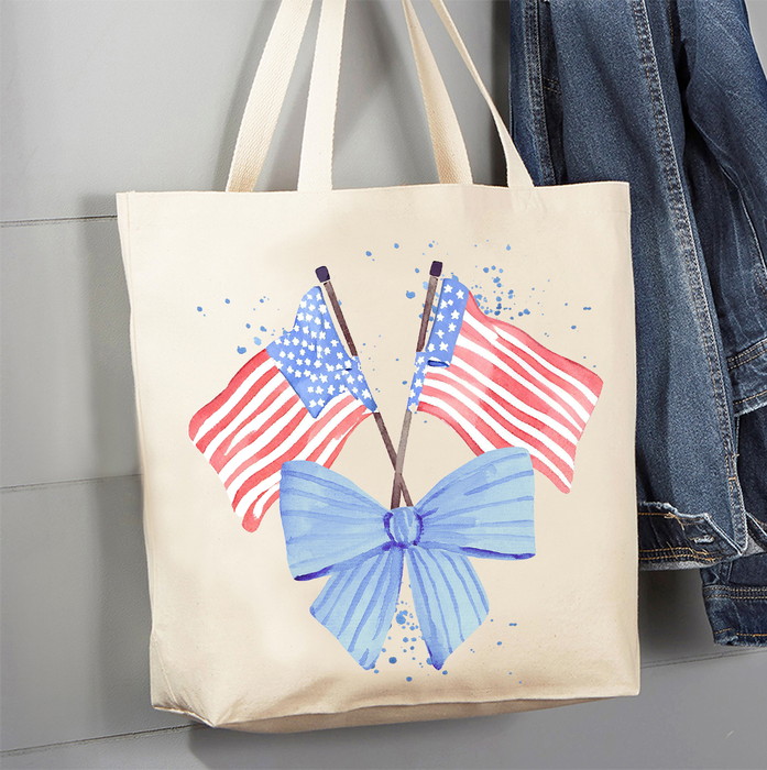 Patriotic Watercolor Flag Bow Canvas Tote Bag