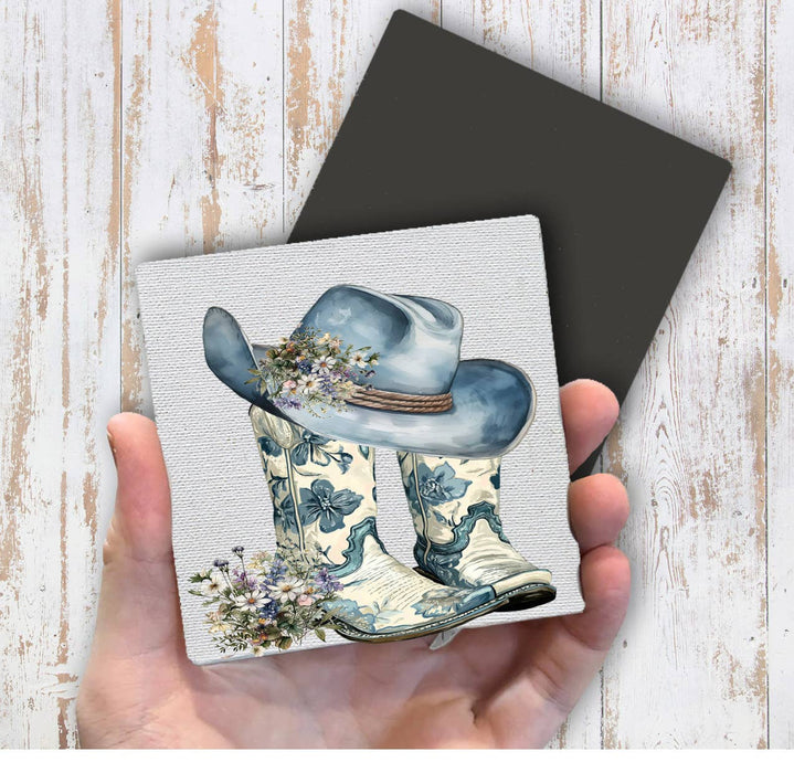 Western Blue & White Cowboy Boots Magnet Fridge