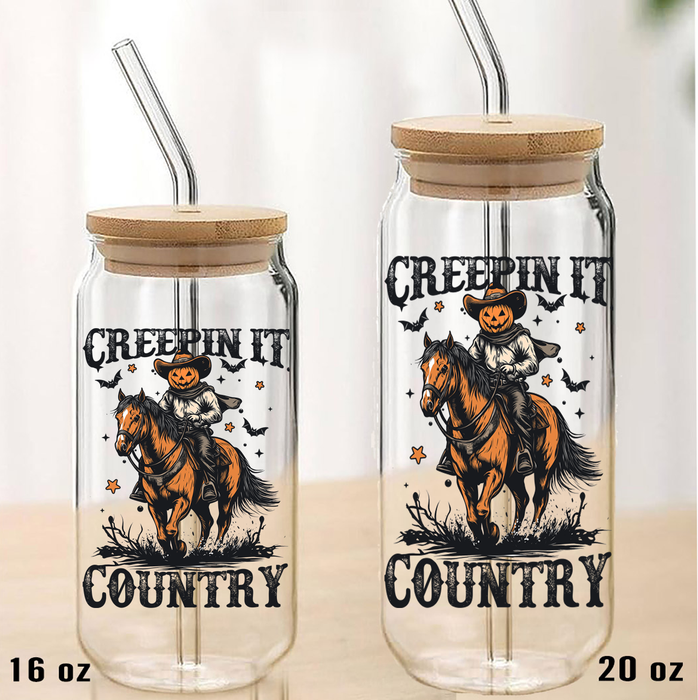 Halloween Creepin it Country Can Glass with Lid Straw