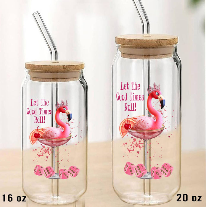 Flamingo Let the Good Times Roll Can Glass with Lid Straw