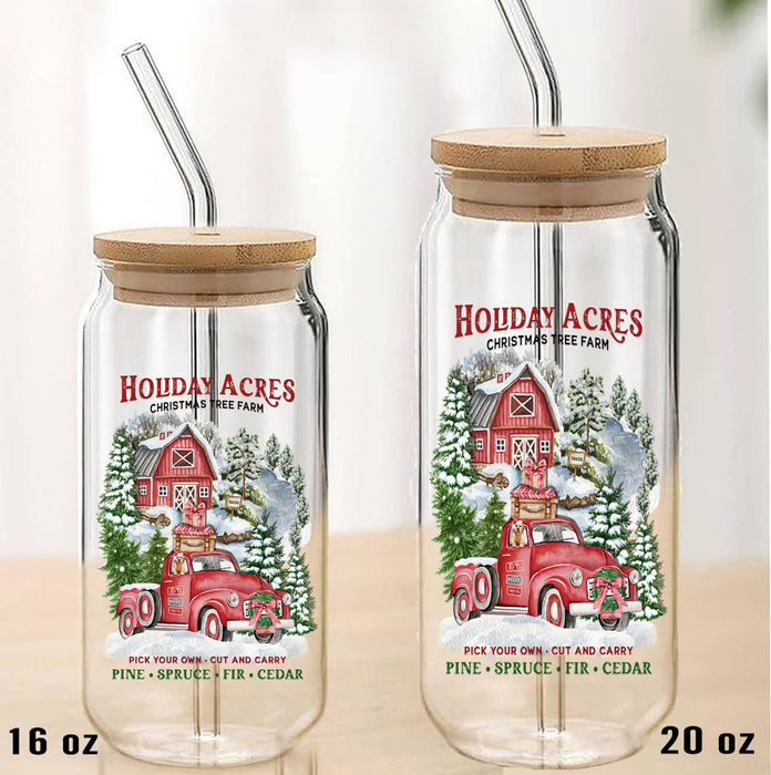 Christmas Holiday Acres Barn Can Glass with Lid Straw